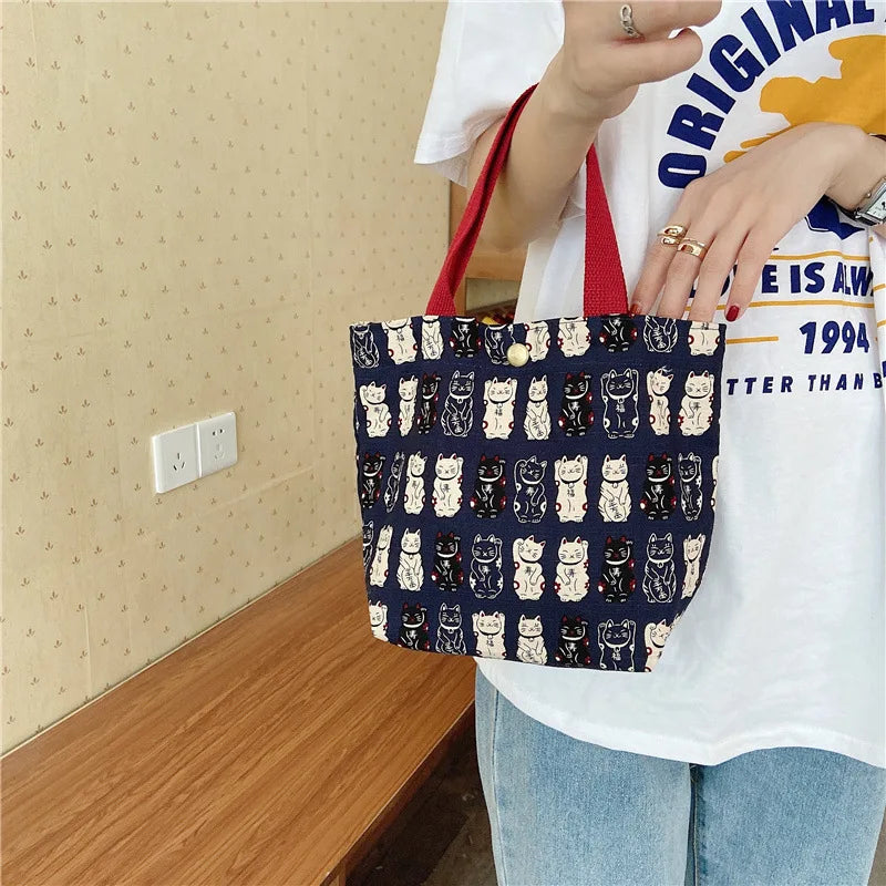 Vintage Lucky Cat Portable Lunch Bag for Women Girls Bento Handbags