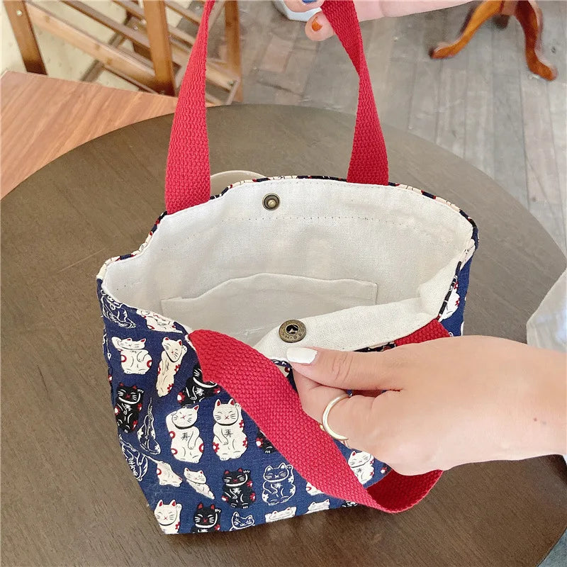 Vintage Lucky Cat Portable Lunch Bag for Women Girls Bento Handbags