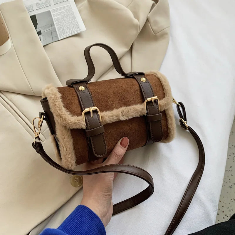 Vintage Matte Leather Lambwool Small Handbag Women Shoulder Crossbody