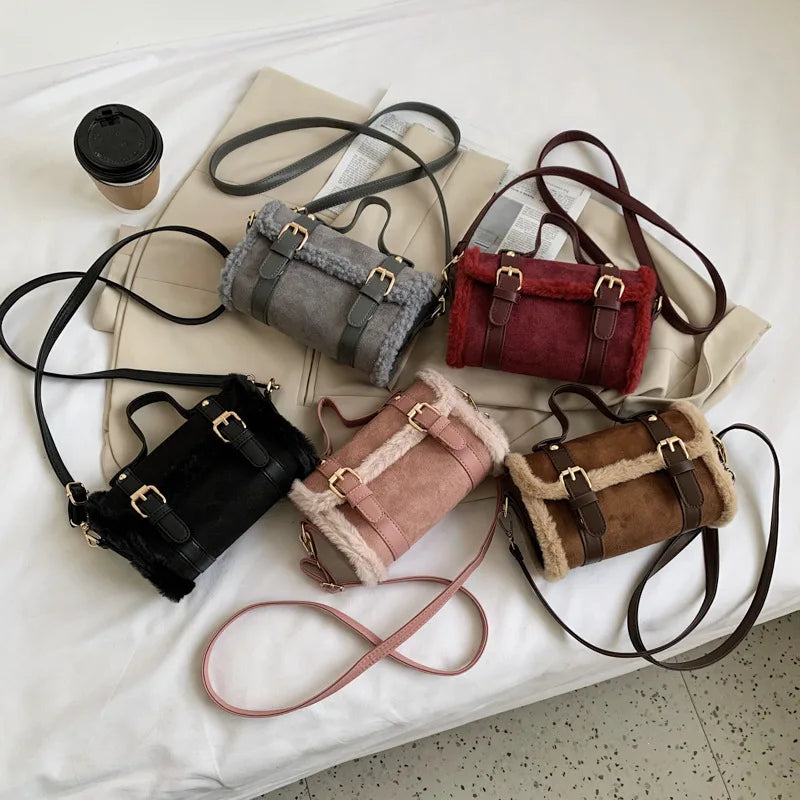 Vintage Matte Leather Lambwool Small Handbag Women Shoulder Crossbody