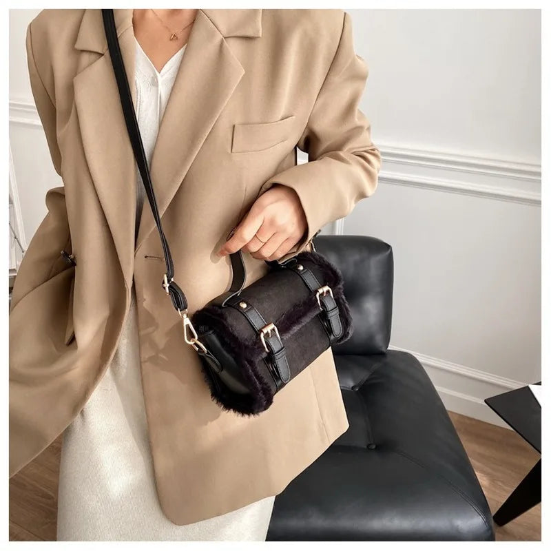 Vintage Matte Leather Lambwool Small Handbag Women Shoulder Crossbody