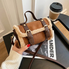 Vintage Matte Leather Lambwool Small Handbag Women Shoulder Crossbody