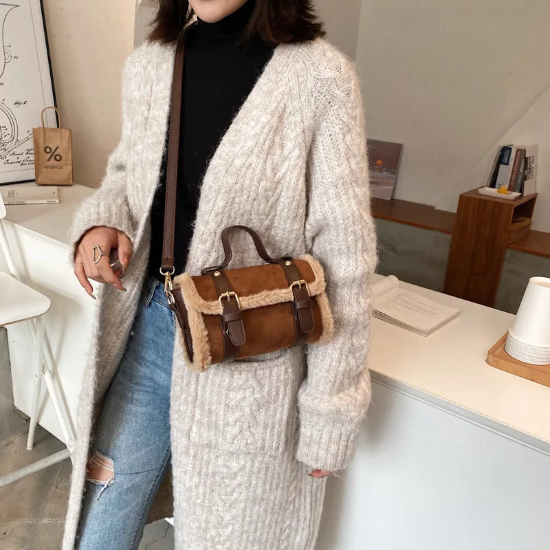 Vintage Matte Leather Lambwool Small Handbag Women Shoulder Crossbody