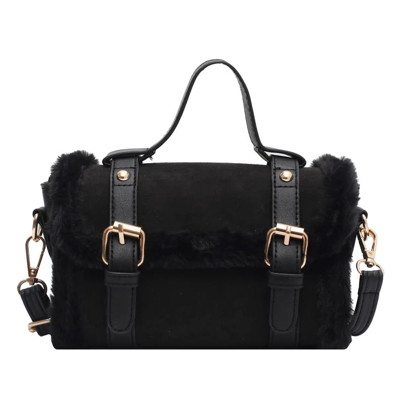 Vintage Matte Leather Lambwool Small Handbag Women Shoulder Crossbody