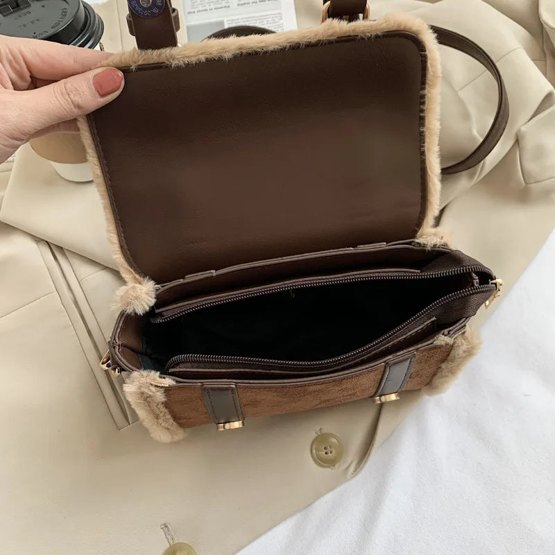 Vintage Matte Leather Lambwool Small Handbag Women Shoulder Crossbody