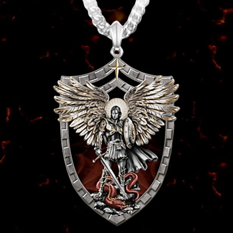 Vintage Men's Saint Michael Pendant Necklace Knight Shield Jewelry