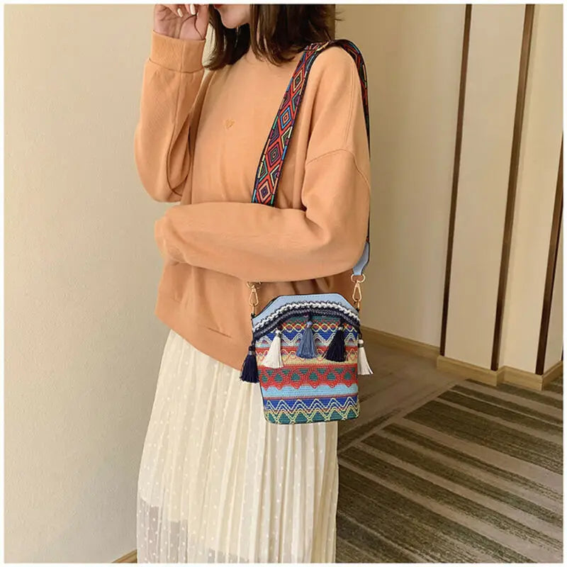 Vintage National Women's Crossbody Bag Handwoven Tassel Ethnic Bag