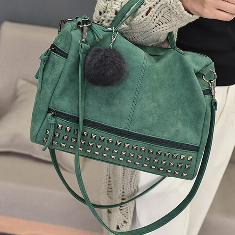 Vintage Nubuck Leather Ladies Handbags Rivet Larger Women Bags Shoulder Bag