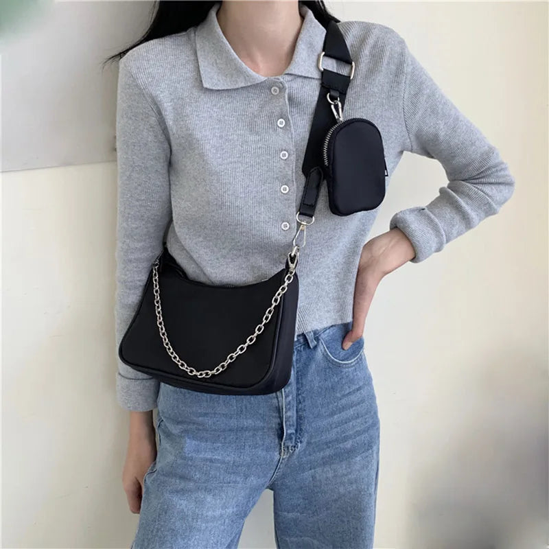 Vintage Nylon Crossbody Bag 2pcs Set Women Sport Shoulder Tote Bags