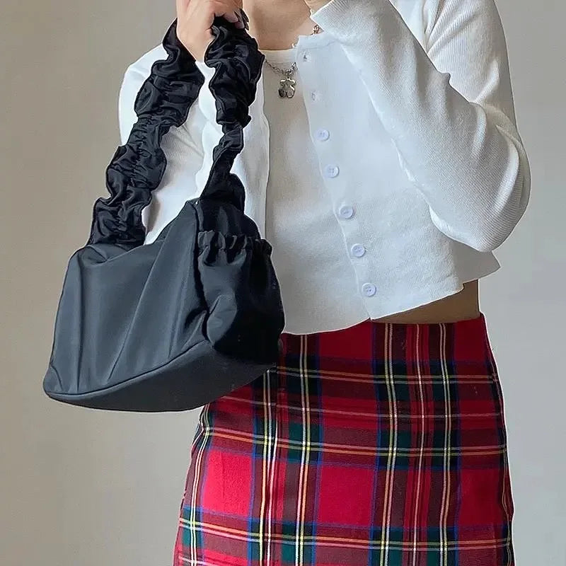 Vintage Nylon Women Purse Handbags Folds Ladies Small Shoulder Bags