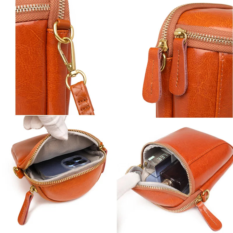 Vintage Oil Wax Cow Leather Shoulder Crossbody Bag for Women