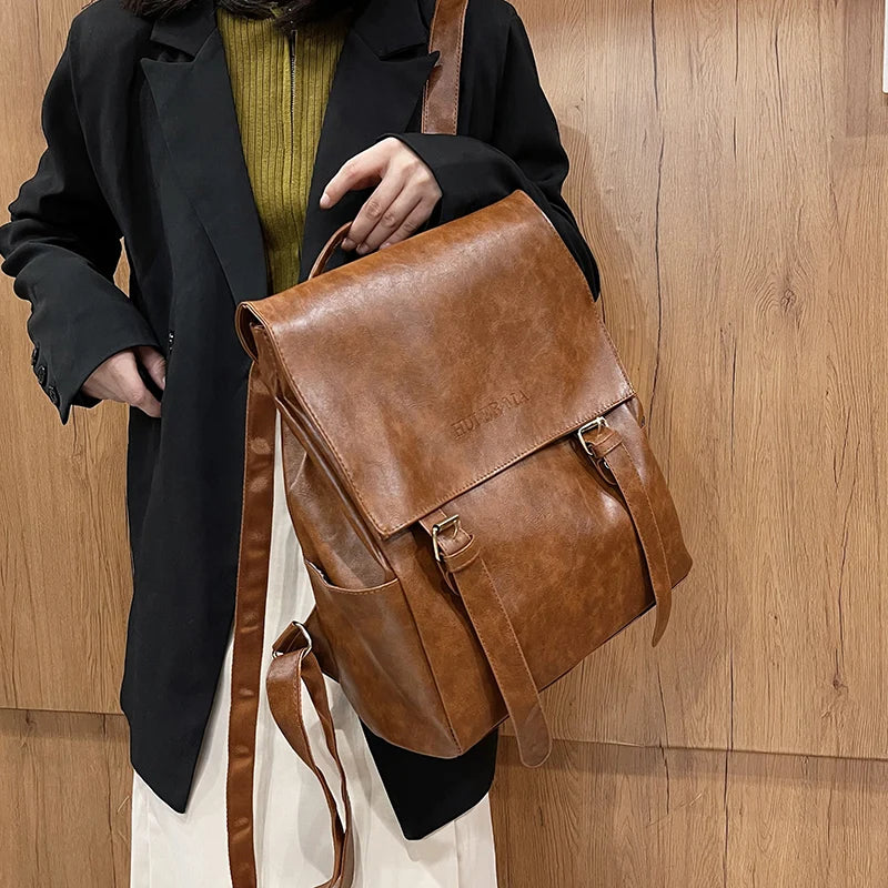 Vintage Leather Women Backpack Large Capacity Travel Bag
