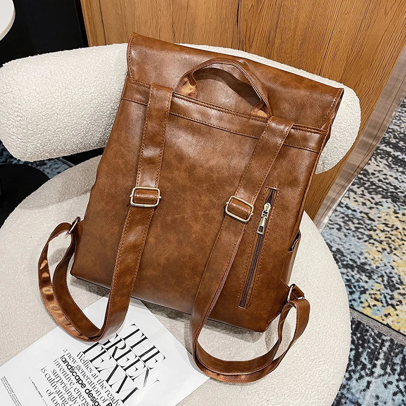 Vintage Leather Women Backpack Large Capacity Travel Bag