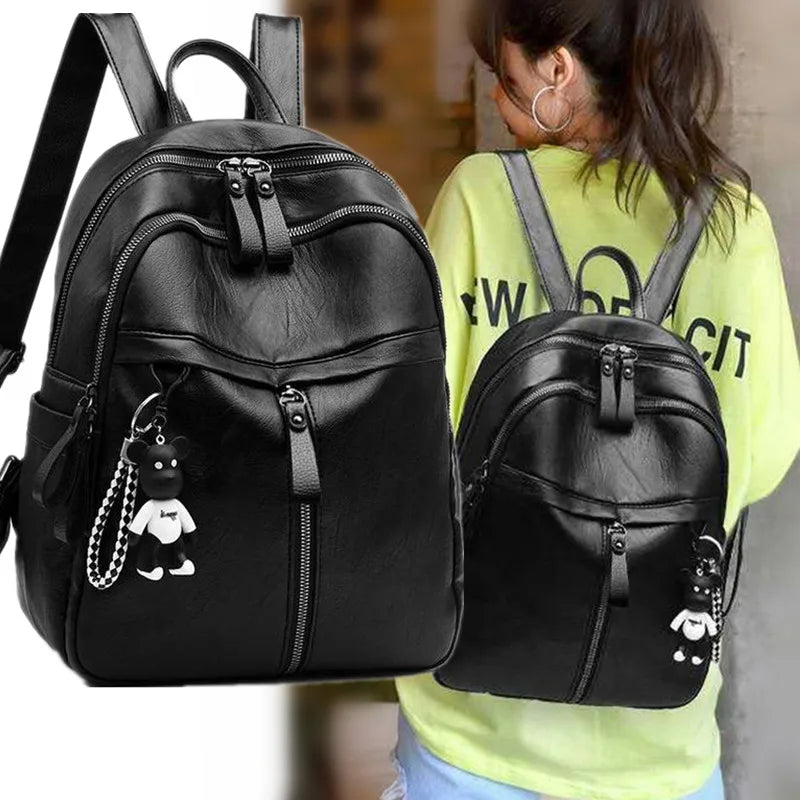 Vintage PU Leather Travel Women Shopping Backpack Large Capacity