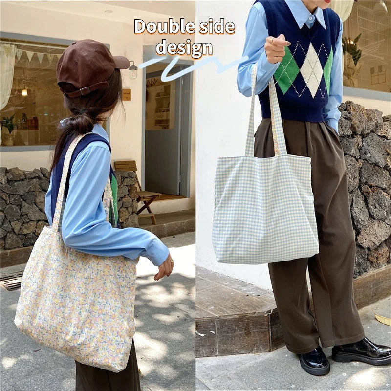 Vintage Plaid Floral Double-Sided Women's Tote Bag