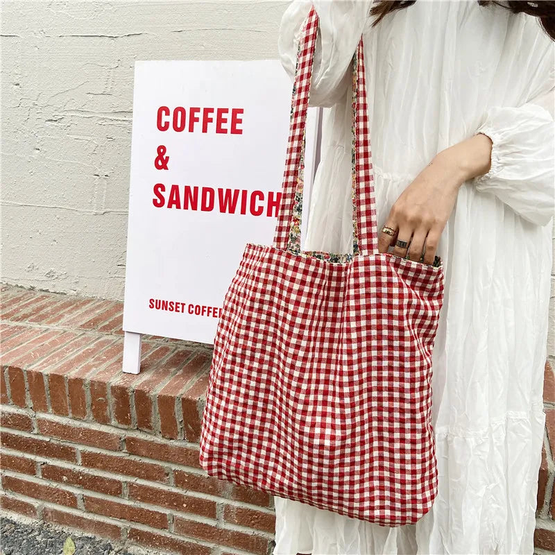 Vintage Plaid Floral Double-Sided Women's Tote Bag