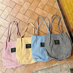 Vintage Plaid Women Canvas Shopping Bags Female Thin Strap Cloth Handbags