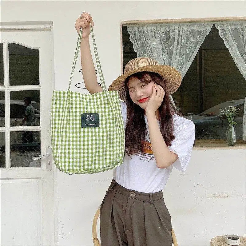 Vintage Plaid Women Canvas Shopping Bags Female Thin Strap Cloth Handbags