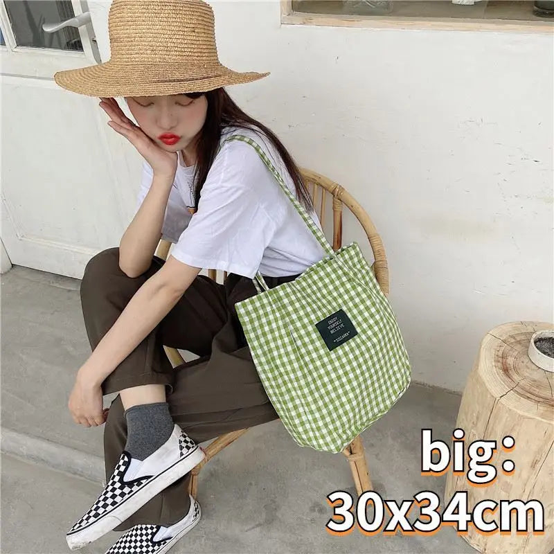 Vintage Plaid Women Canvas Shopping Bags Female Thin Strap Cloth Handbags