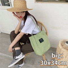 Vintage Plaid Women Canvas Shopping Bags Female Thin Strap Cloth Handbags