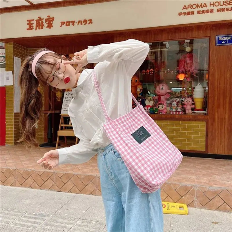 Vintage Plaid Women Canvas Shopping Bags Female Thin Strap Cloth Handbags