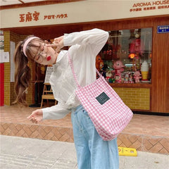Vintage Plaid Women Canvas Shopping Bags Female Thin Strap Cloth Handbags