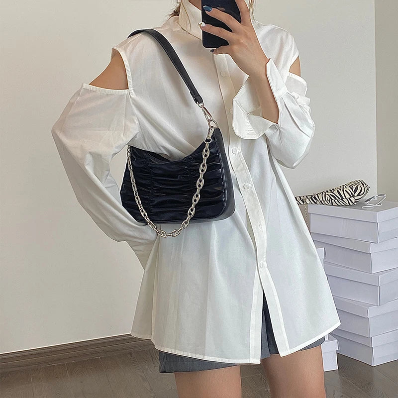 Vintage Pleated Women Purse Handbags PU Leather Ladies Chain Hobos