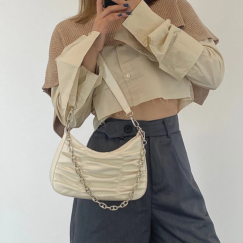 Vintage Pleated Women Purse Handbags PU Leather Ladies Chain Hobos