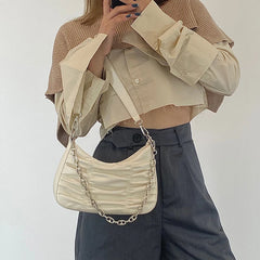Vintage Pleated Women Purse Handbags PU Leather Ladies Chain Hobos