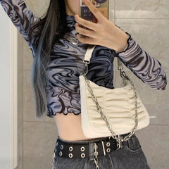Vintage Pleated Women Purse Handbags PU Leather Ladies Chain Hobos