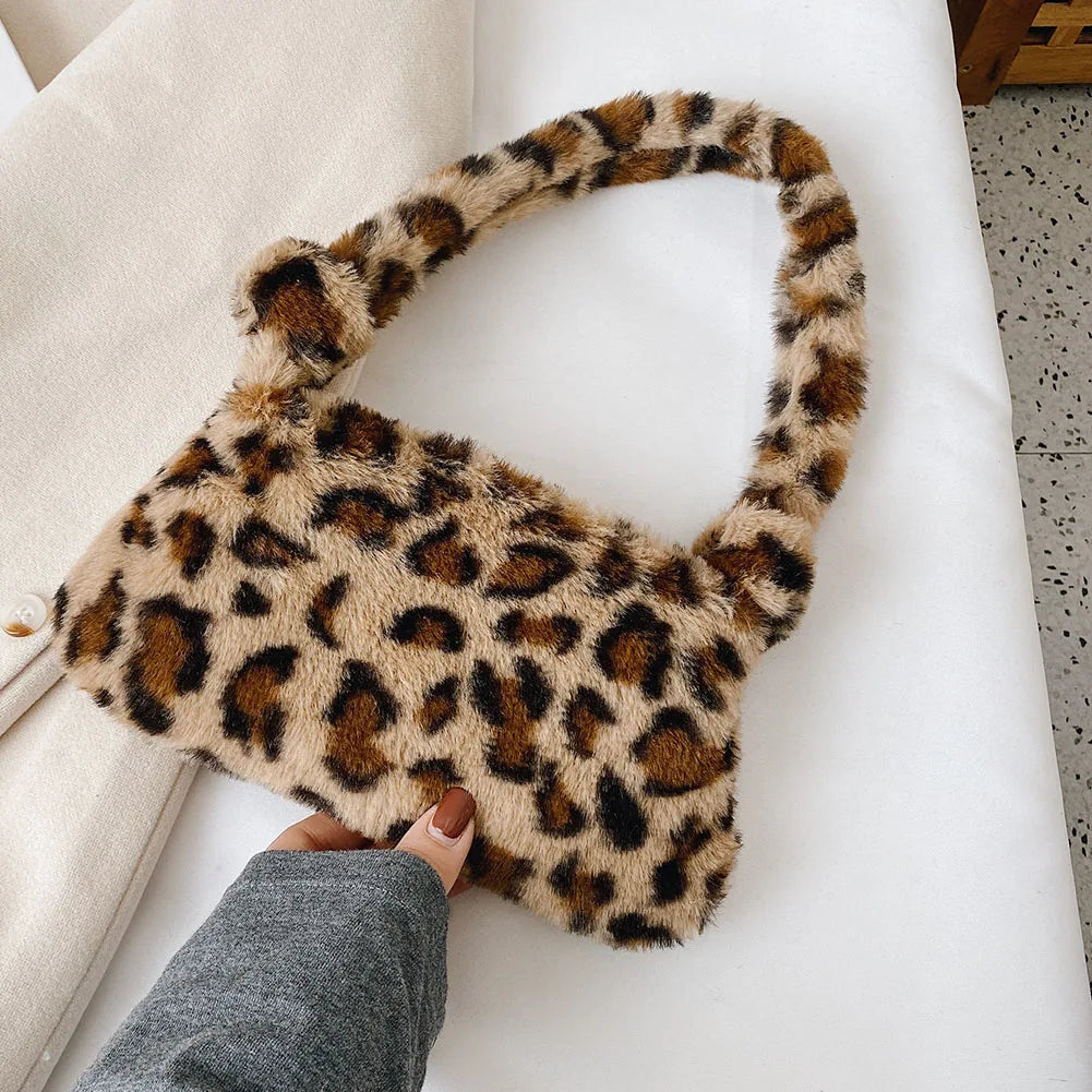 Vintage Plush Shoulder Bags For Women Casual Animal Pattern Underarm Handbags
