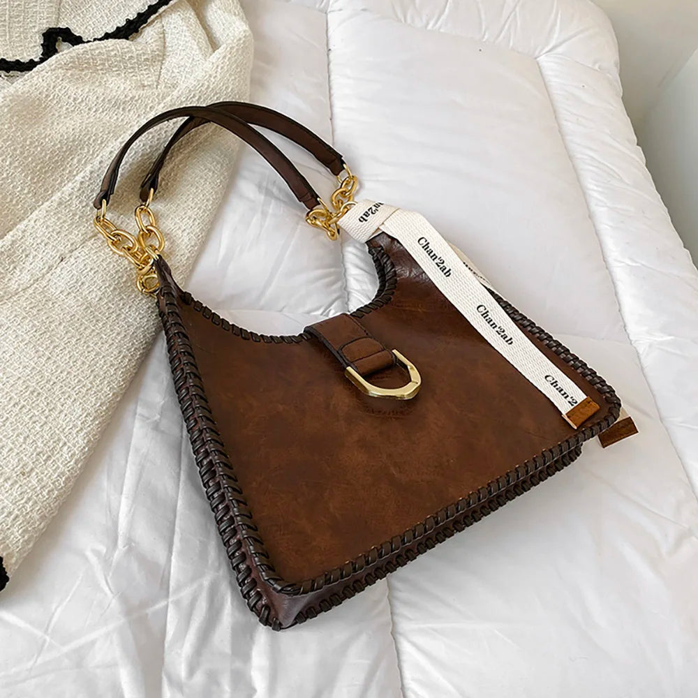 Vintage PU Leather Women Underarm Bags Large Capacity Ladies Commuter Chains Sho