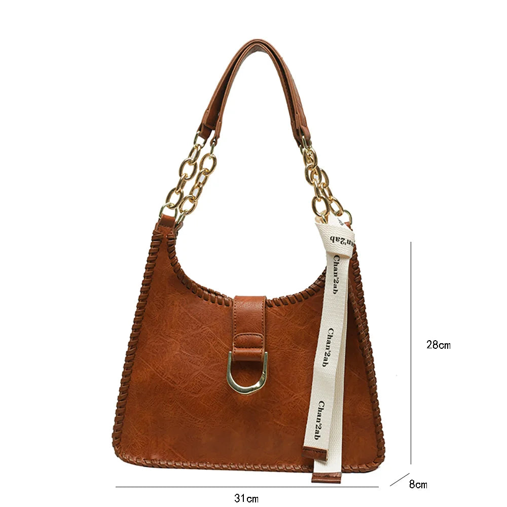 Vintage PU Leather Women Underarm Bags Large Capacity Ladies Commuter Chains Sho