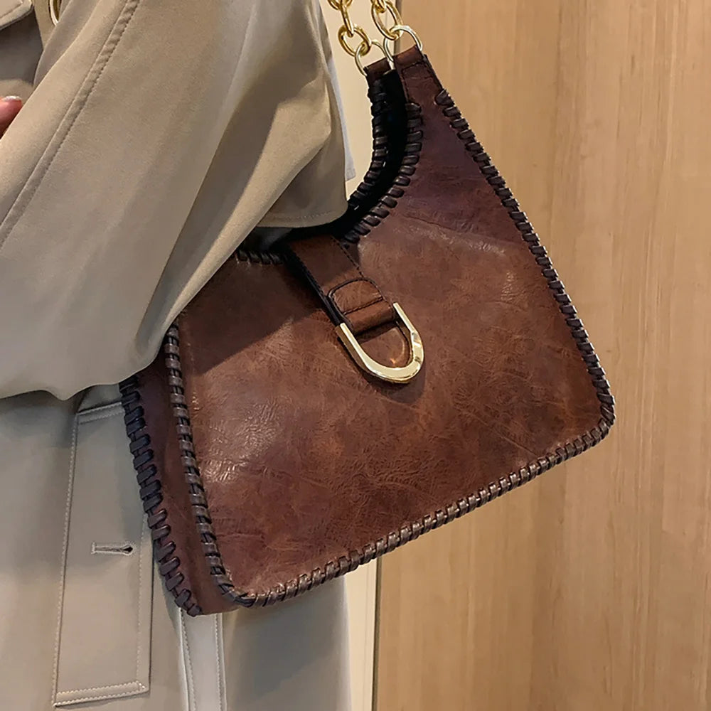 Vintage PU Leather Women Underarm Bags Large Capacity Ladies Commuter Chains Sho