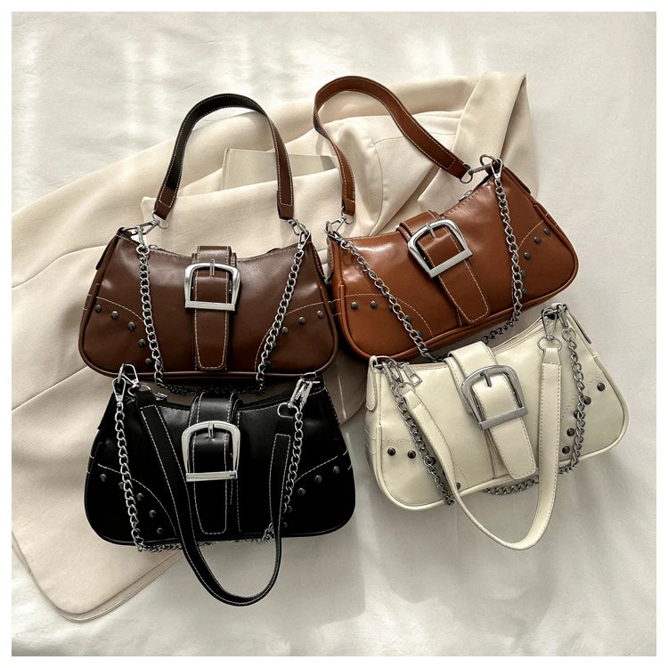 Vintage Rivet Women's Shoulder Bags Solid Ladies Underarm Bag Chain Small Handba