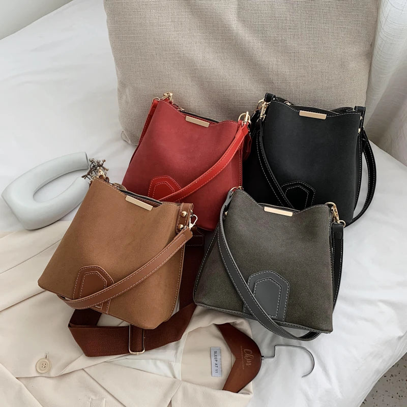 Vintage Scrub Leather Bucket Bags for Women Crossbody Handbags