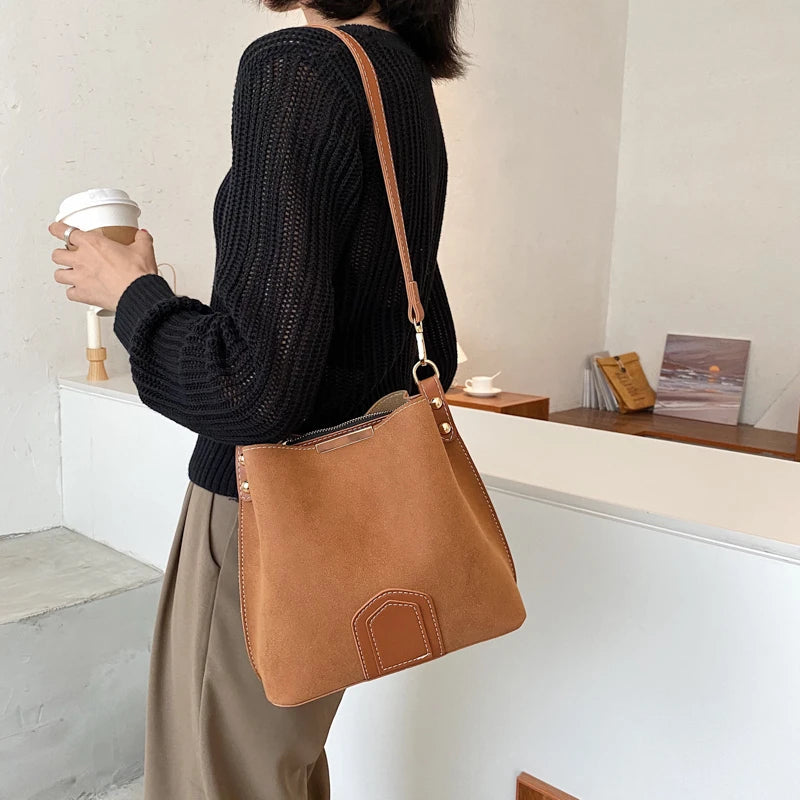 Vintage Scrub Leather Bucket Bags for Women Crossbody Handbags