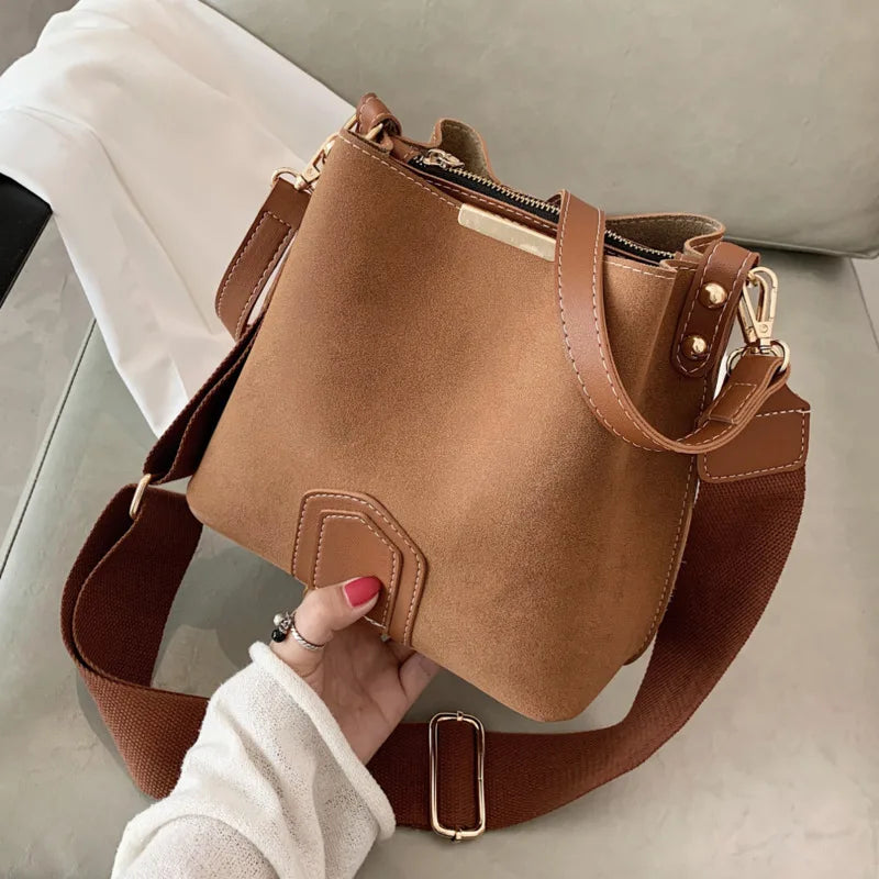 Vintage Scrub Leather Bucket Bags for Women Crossbody Handbags