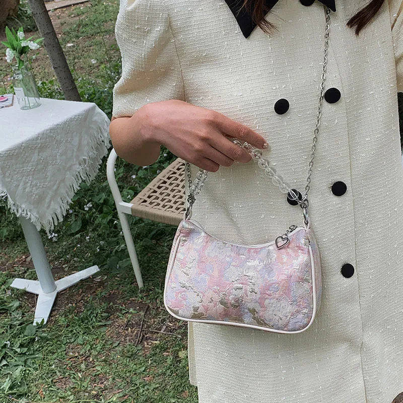 Vintage Canvas Shoulder Bag Metal Chain Women Small Handbag