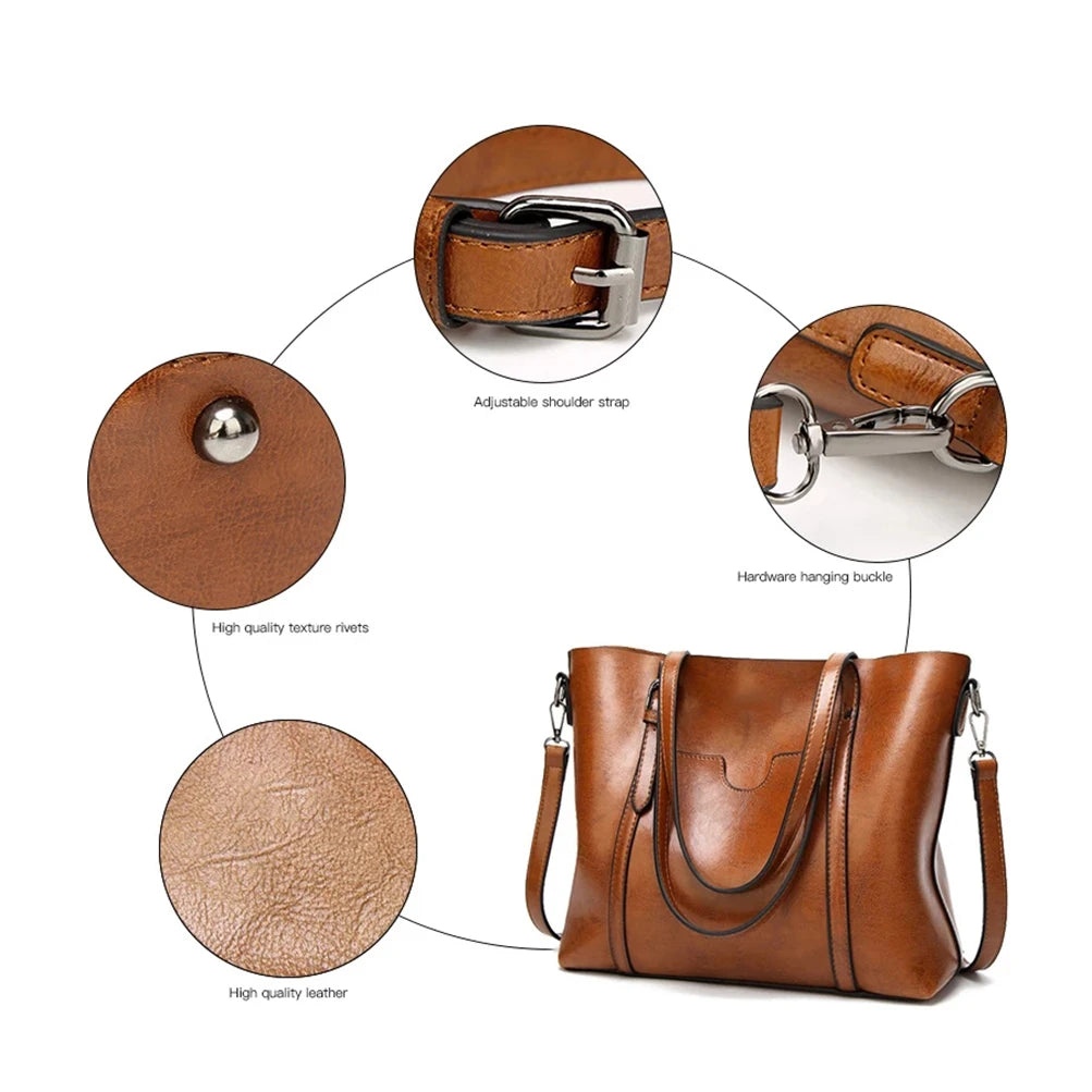 Vintage Shoulder Bag Oil Wax Leather Tote Bag Female Handbag