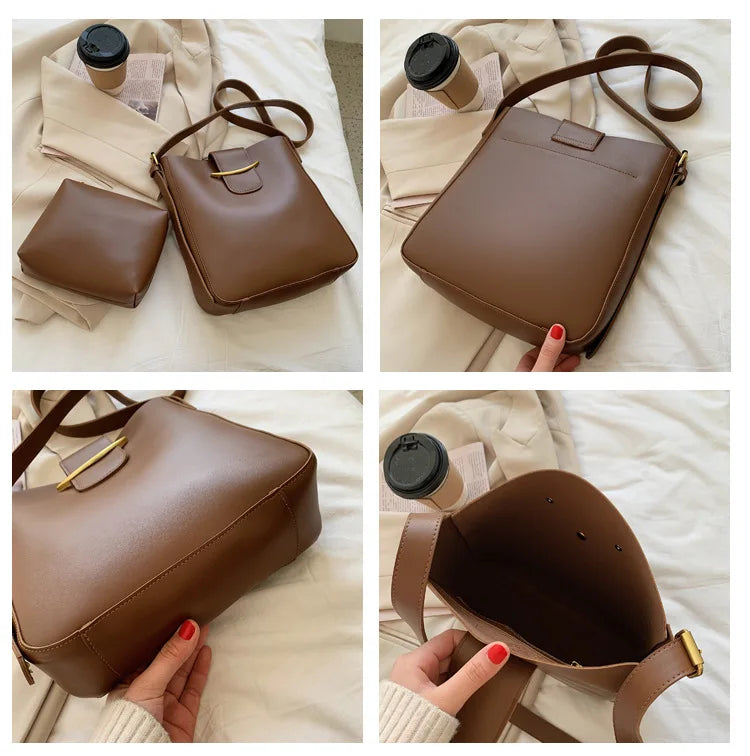Vintage PU Leather Bucket Crossbody Bags for Women Lady Shoulder