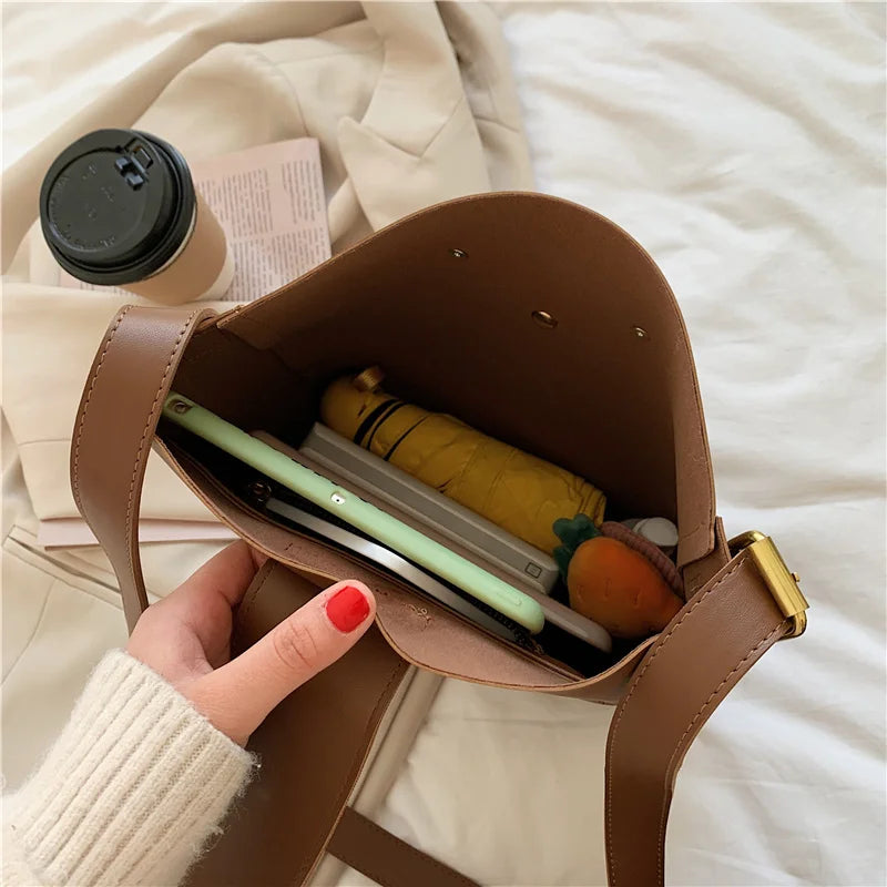 Vintage PU Leather Bucket Crossbody Bags for Women Lady Shoulder