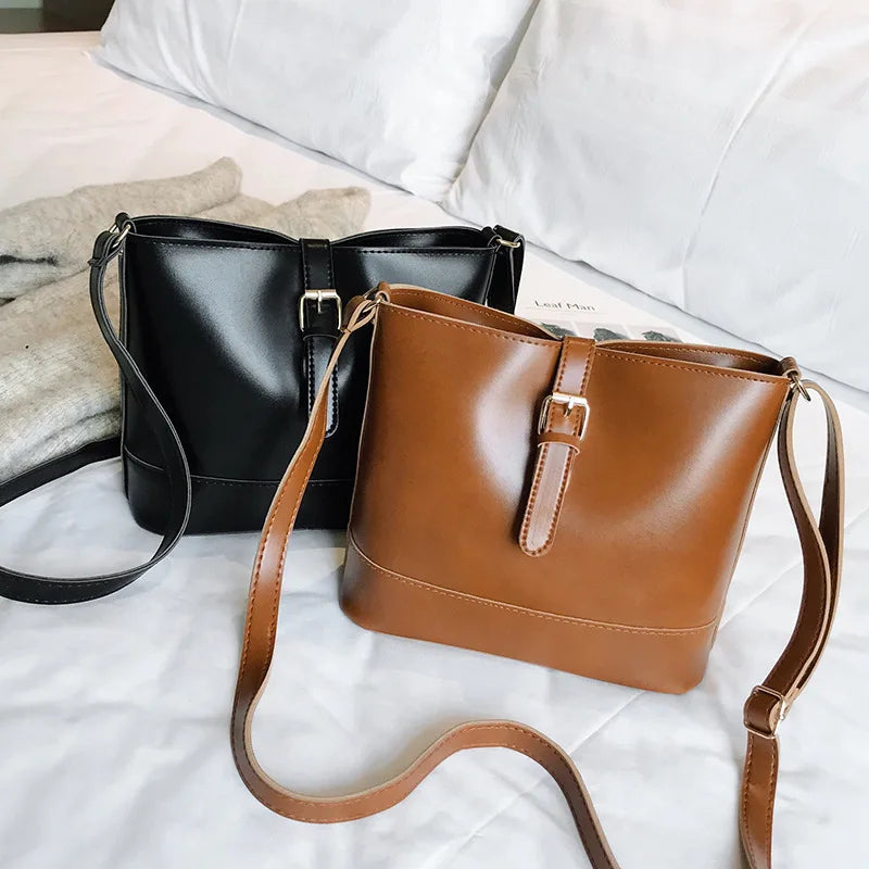 Vintage Small PU Leather Bucket Crossbody Women Lady Shoulder Handbags
