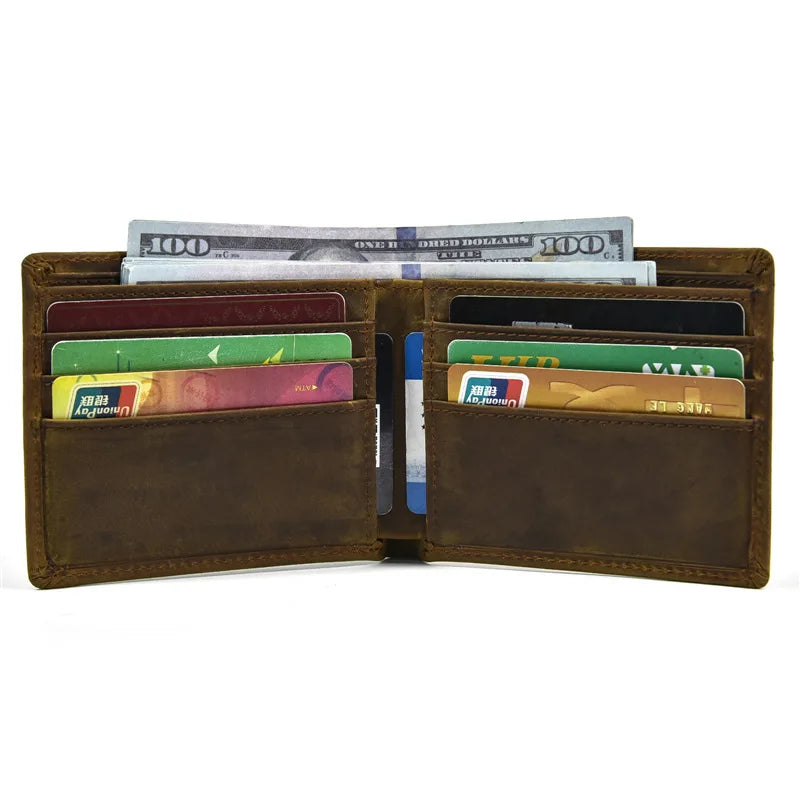 Vintage Men's Wallet 100% Cow Leather Short Purse Clutch Solid Brown