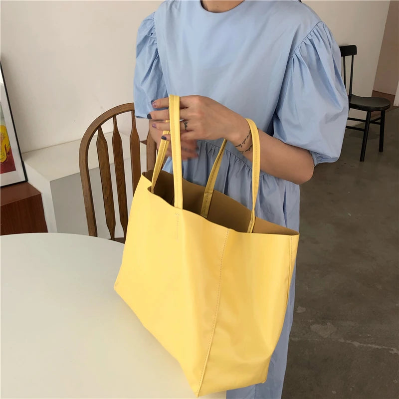Vintage Soft Leather Women's Handbags Ladies Yellow Large Capacity Tote