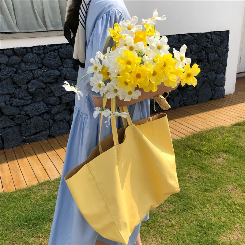 Vintage Soft Leather Women's Handbags Ladies Yellow Large Capacity Tote