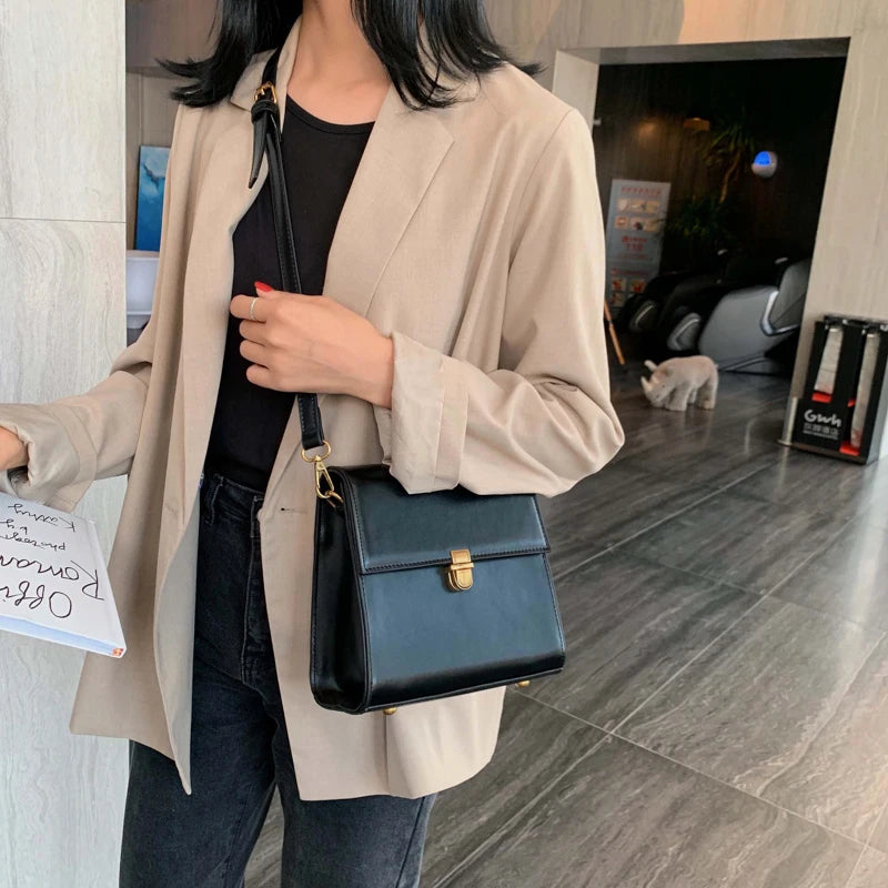 Vintage Solid Leather Crossbody Bag for Women Shoulder Messenger Bag