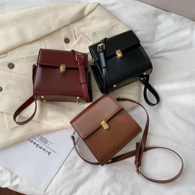 Vintage Solid Leather Crossbody Bag for Women Shoulder Messenger Bag