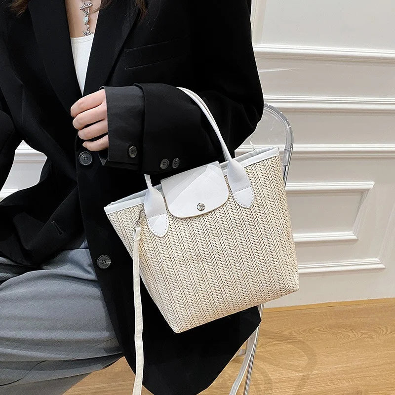Vintage Straw Splicing Pu Leather Crossbody Bag for Women