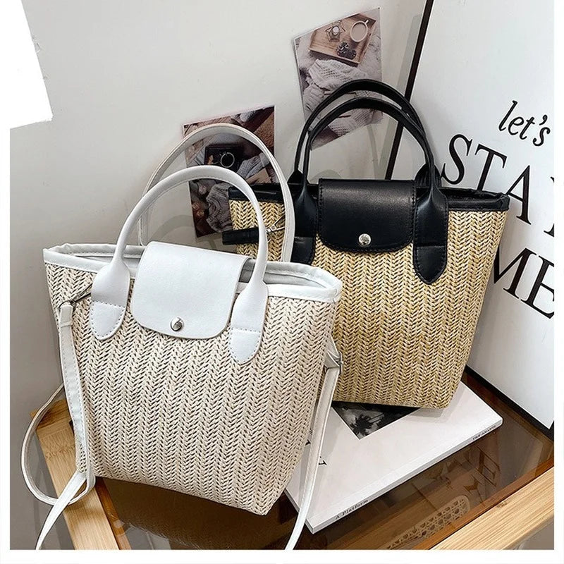 Vintage Straw Splicing Pu Leather Crossbody Bag for Women